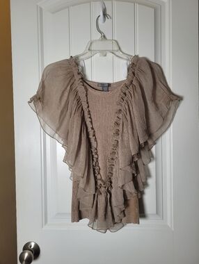 Chiffon Ruffle Sleeve Knit Top - Taupe by Isabella Rodriguez.  Size Large